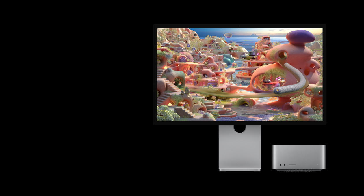 Studio Display XDR 展示一幅漫畫風格的場景，Mac Studio 收納在下方，其中外型像蟲一般的生物穿過隧道，準備橫越過去