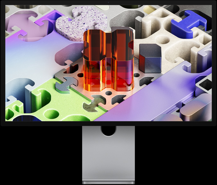 Studio Display XDR 的正面，背景圖片顯示如拼圖般的 3D 圖案