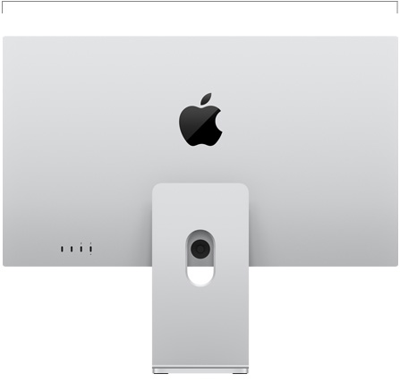 Studio Display XDR 背面圖，配備可調整斜度與高度的支架，展示寬度測量值