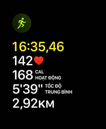 Thẻ bài tập Chạy, biểu tượng chạy, các chỉ số: thời gian, nhịp tim, tốc độ trước, tốc độ trung bình, quãng đường