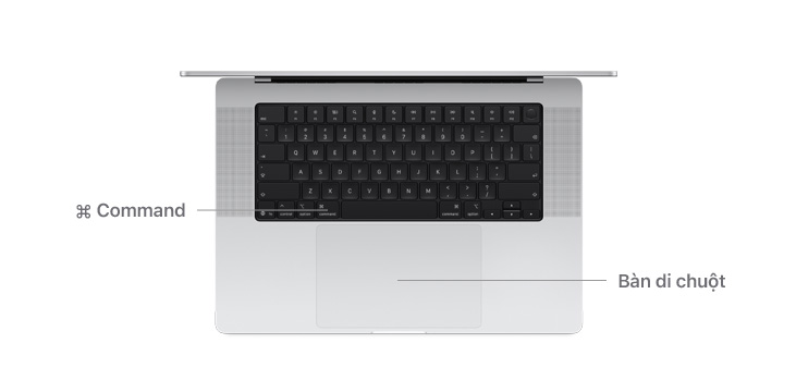 Mặt trên của MacBook Pro 14" với các đường thể hiện vị trí của phím Command và bàn di chuột.